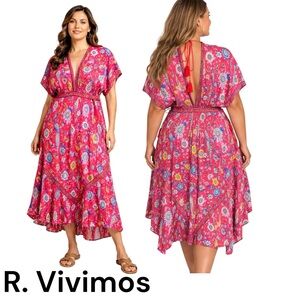 R. Vivimos Red Floral Boho Maxi Dress XL  Tassel Tie V-Neck V-Neck Maxi